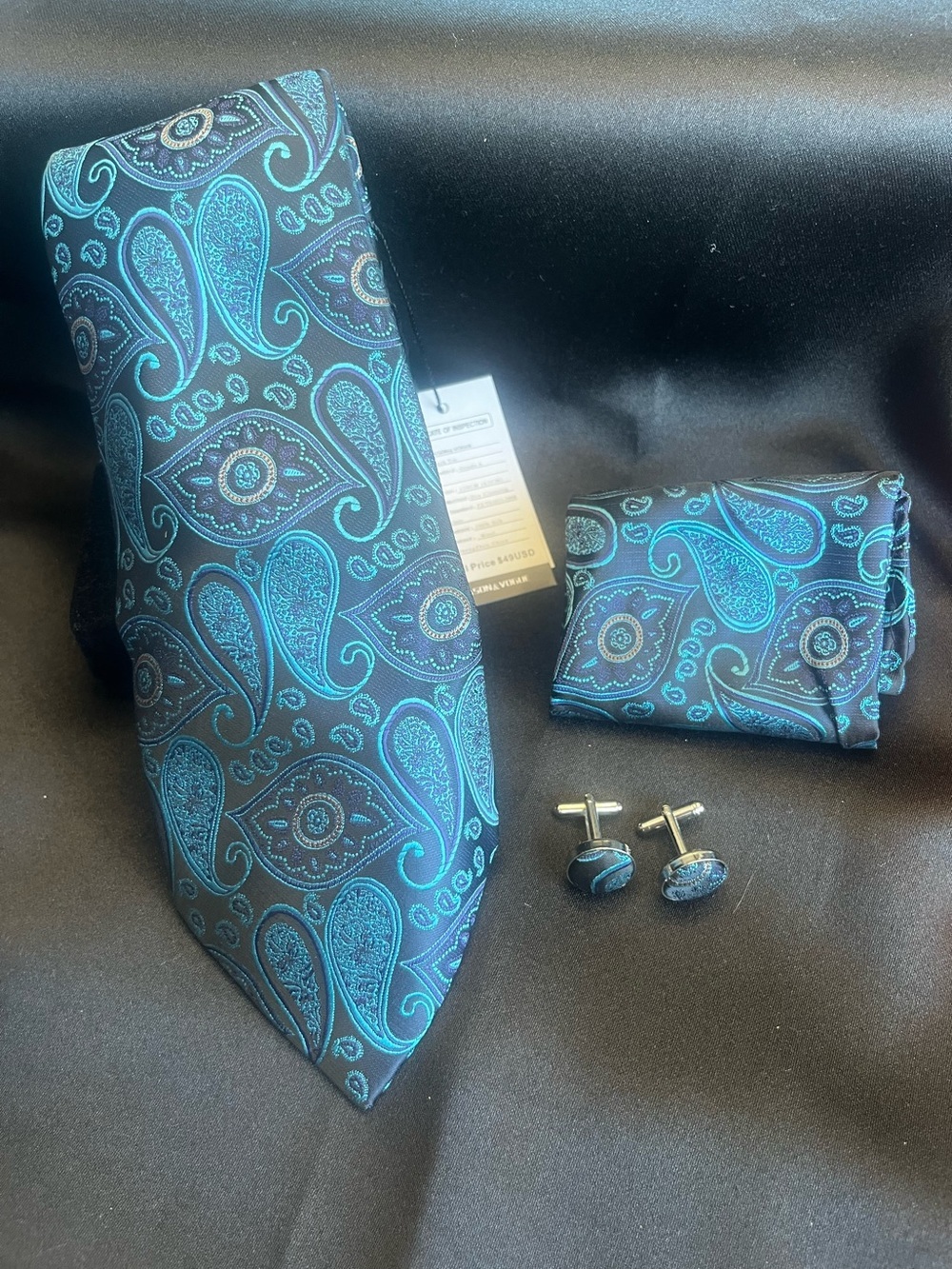 Men's Teal Paisley Pocket Square & Cufflinks Set